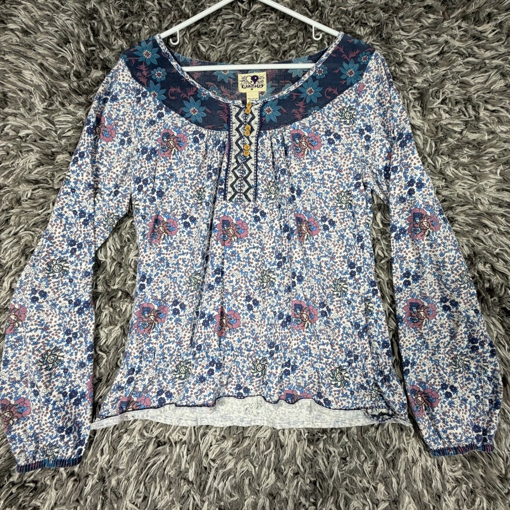 Lucky Brand Blue Floral Cotton Boho Peasant Top Long Sleeve Medium 3137